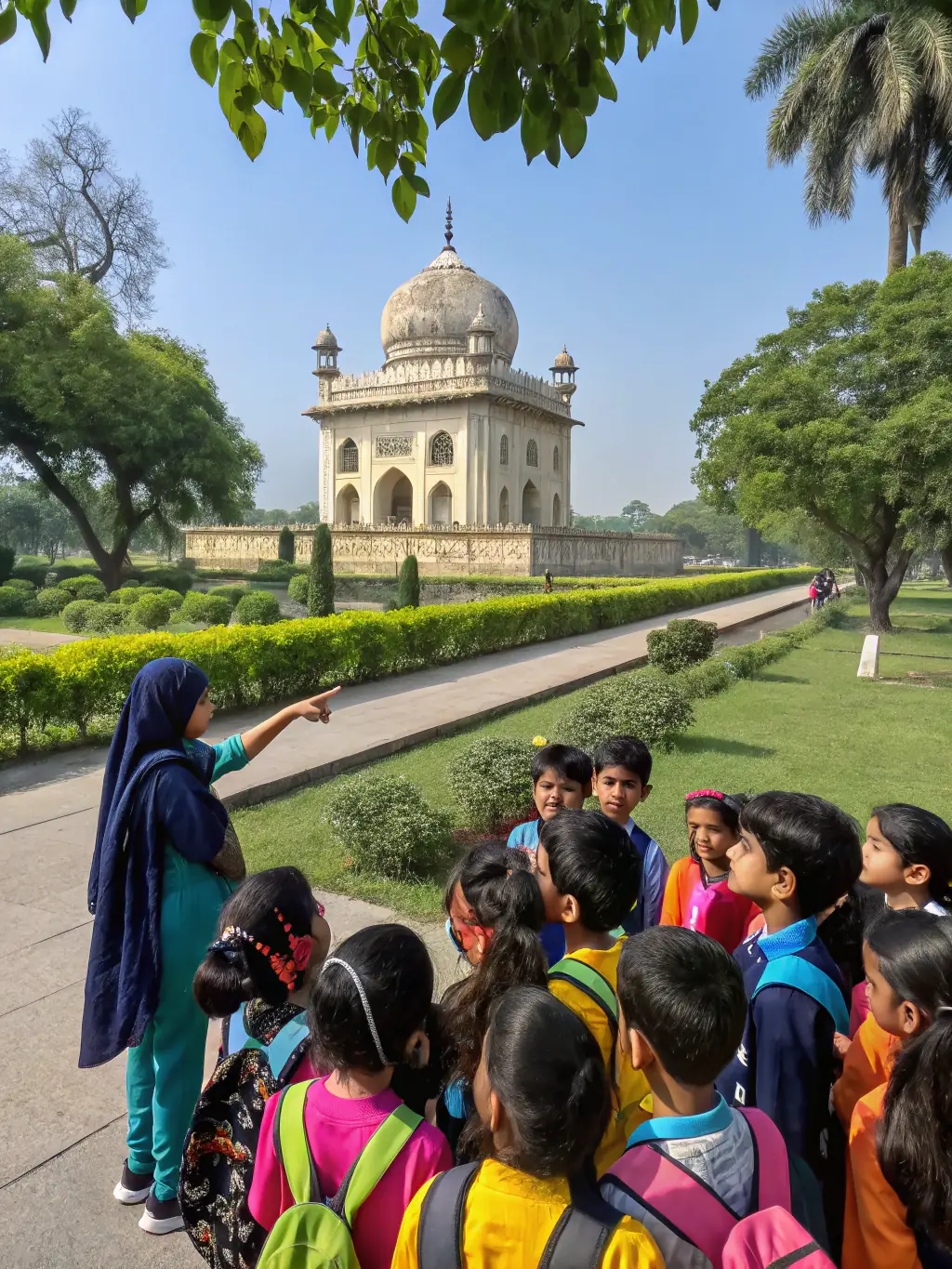 A group of students participating in a guided tour of a historical site in the Rupificaldien region, led by a knowledgeable historian.