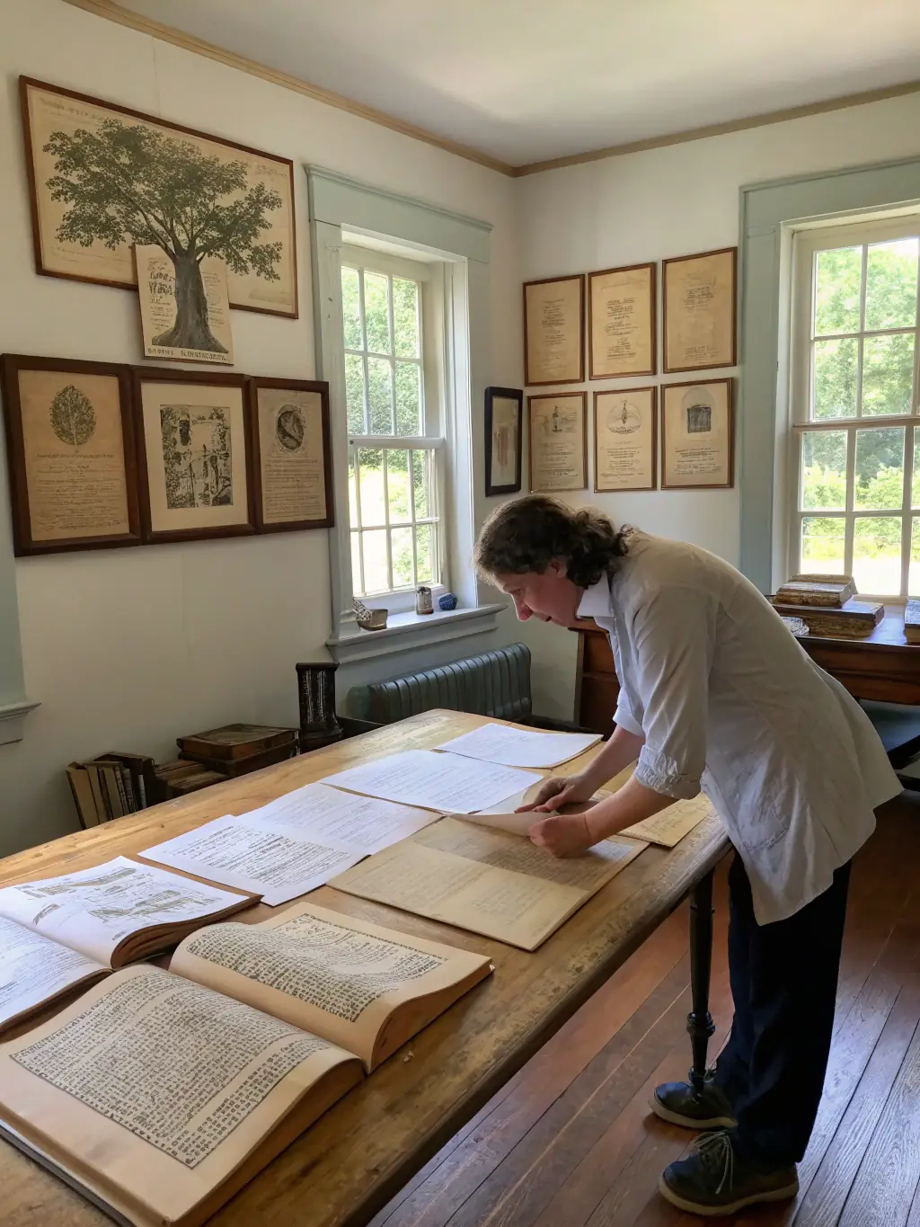 A researcher examining old maps and documents related to the Rupificaldien region in the association's research library.