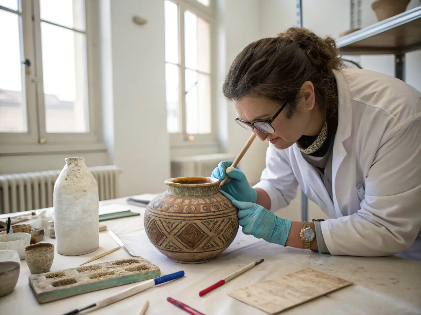 A photograph of a carefully restored historical artifact, such as a piece of pottery or a tool, in the ASSOCIATION POUR L'ETUDE DE L'HISTOIRE DU PAYS RUPIFICALDIEN conservation lab, highlighting the organization's commitment to preserving Rupificaldien's material culture.