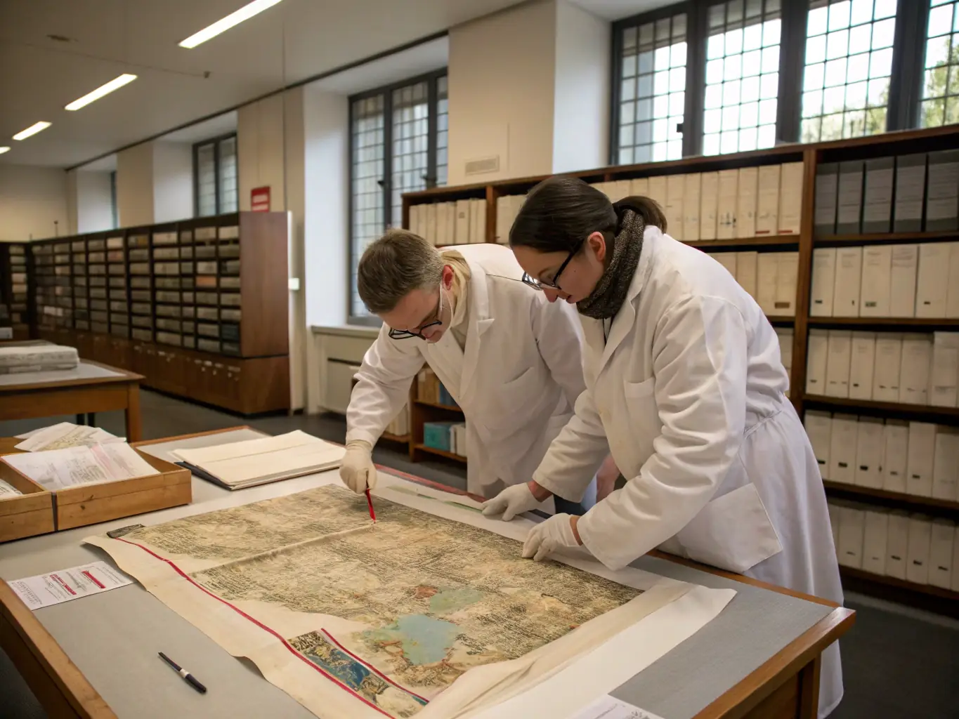 A photograph of researchers examining old maps and documents in the Rupificaldien historical society's library, highlighting the importance of historical research.