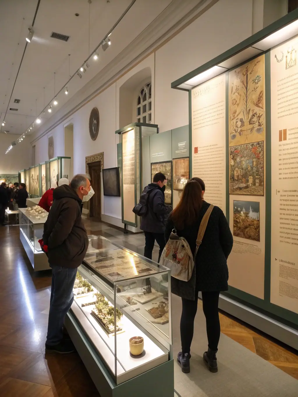 A display of historical photographs and artifacts from the Rupificaldien region at a local community event, attracting visitors of all ages.