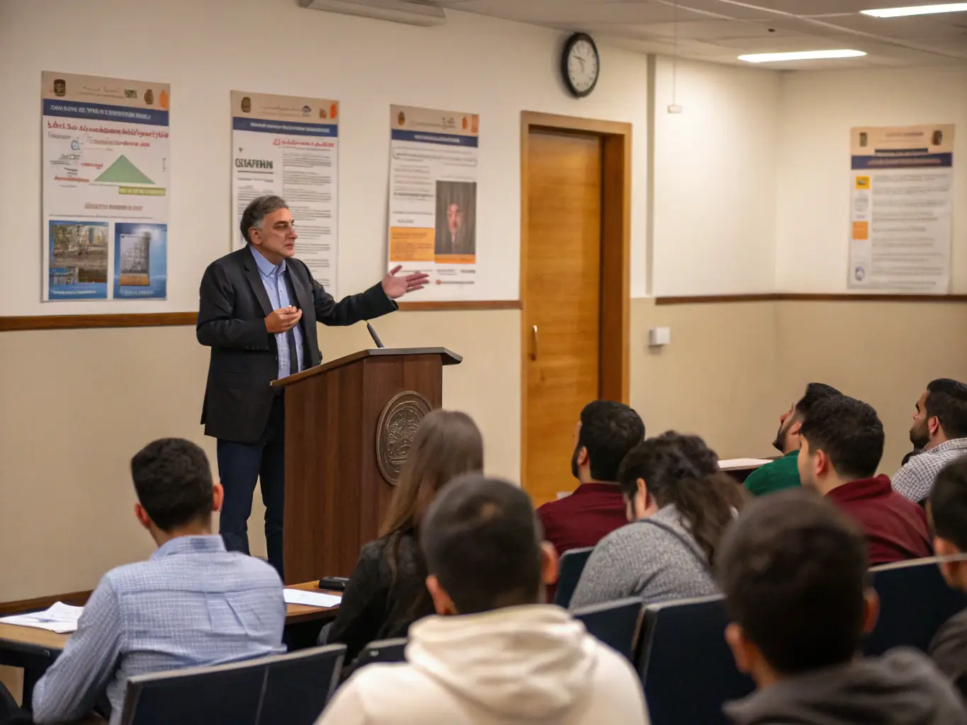 A photograph of a lecturer presenting historical information to an attentive audience, using visual aids and engaging storytelling techniques.