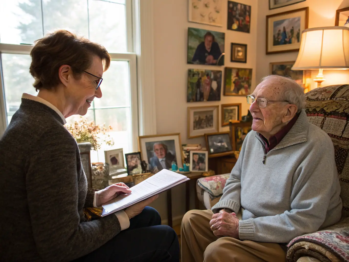 A group of historians conduct an oral history interview with a long-time resident of Rupificaldien, capturing personal stories and memories of the region's past.
