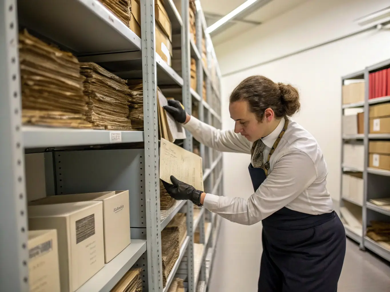 A researcher meticulously examines an ancient document in the archives, surrounded by stacks of historical records, showcasing the detailed work involved in preserving Rupificaldien history.