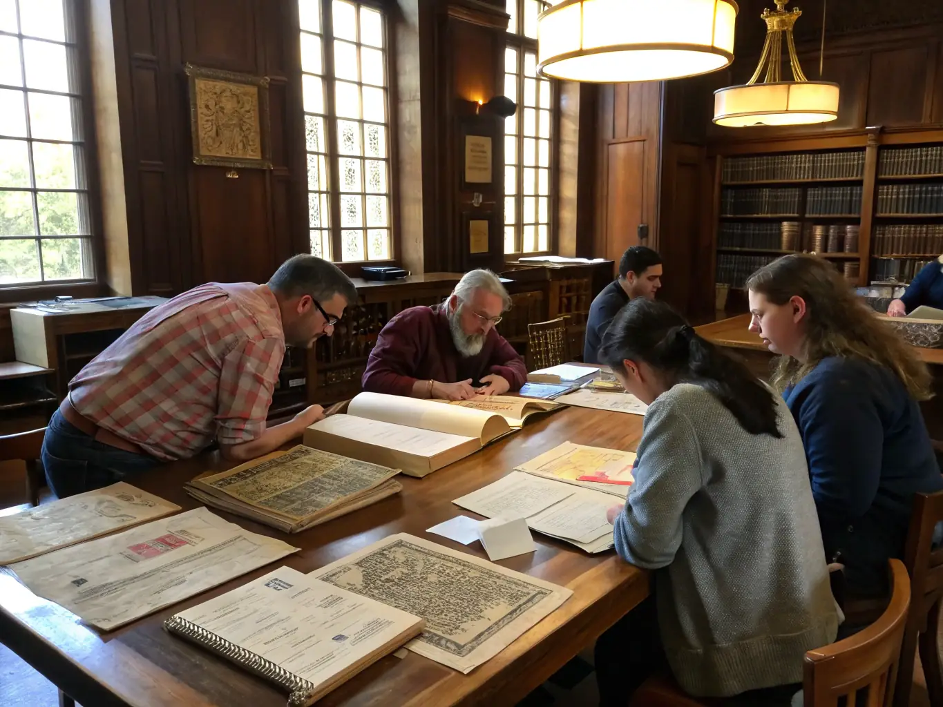 A photograph of participants actively engaged in a historical workshop, examining old documents and maps, with a knowledgeable instructor guiding them.