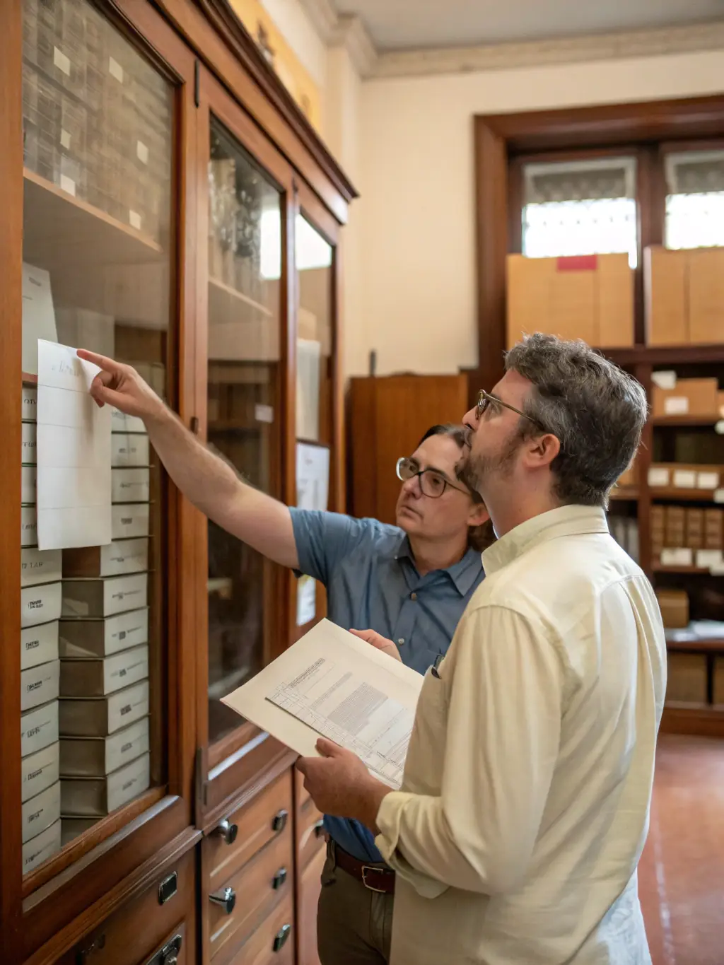 A photograph of volunteers carefully archiving historical documents in the Rupificaldien region, showcasing the meticulous work involved in preserving local history.